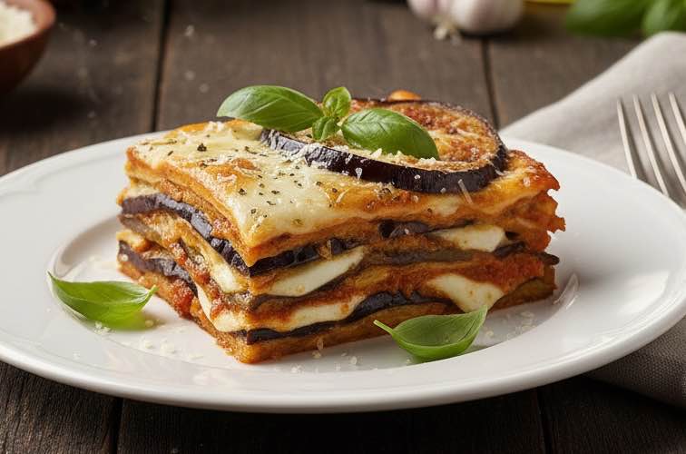 Parmigiana Siciliana ein Stück auf den Teller