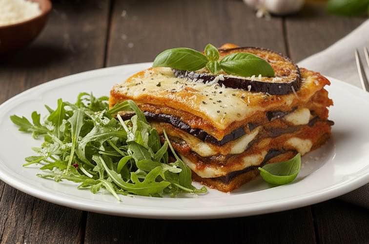 Parmigiana Siciliana mit Rucolasalat angeichtet