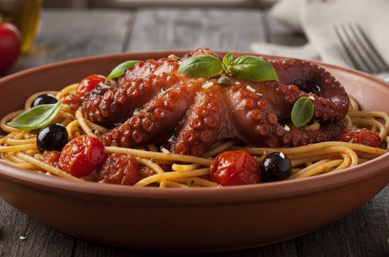 Polpo alla Luciana con Spaghetti ein Gericht von den Küstenregionen