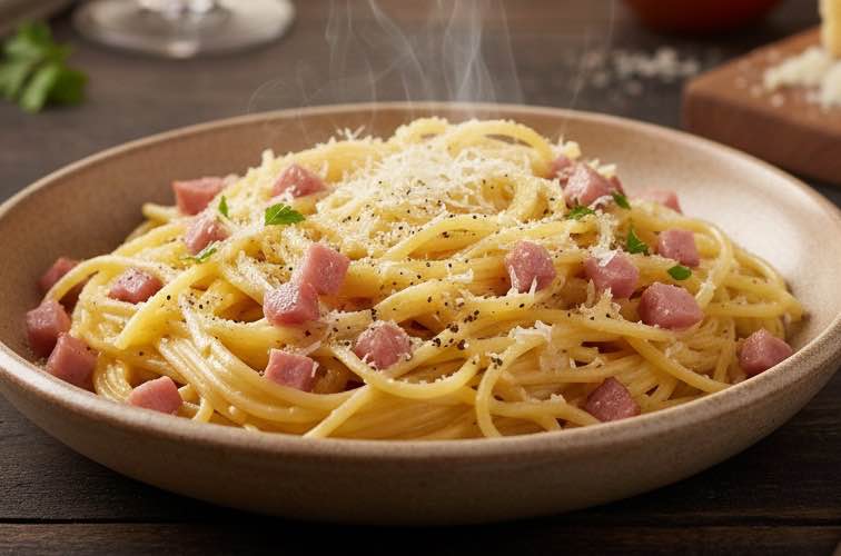 Spaghetti Carbonara mit Schinken und Ei eine alltagstaugliche Abwandlung