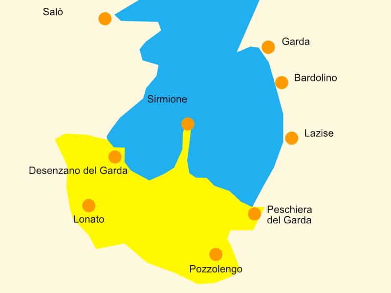 Das Anbaugebiet des Lugana DOC am Gardasee dargestellt mit allen Gemeinden der Zone
