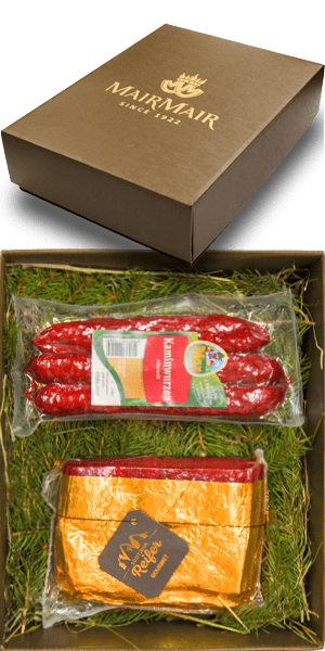 Geschenkset Südtiroler Räucherspezialitäten Goldspeck Mager + Kaminwurzen - 630 g Geschenkset Südtiroler Räucherspezialitäten Goldspeck Mager + Kaminwurzen - 630 g