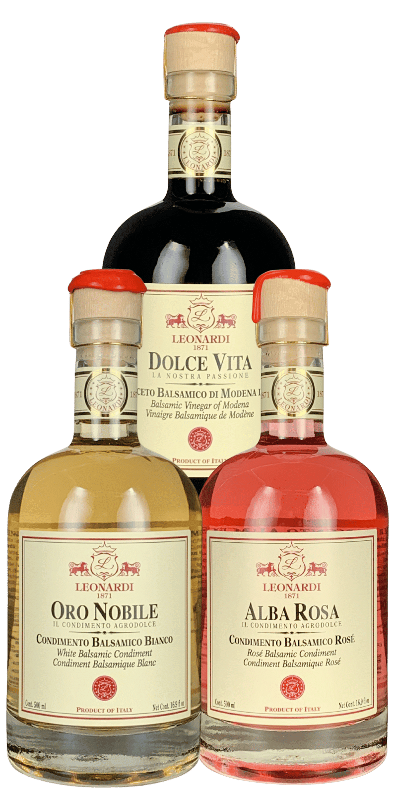 Probierpaket Acetaia Leonardi: Oro Nobile, Dolce Vita, Alba Rosa 500ml - 1,5 L Probierpaket Acetaia Leonardi: Oro Nobile, Dolce Vita, Alba Rosa 500ml - 1,5 L